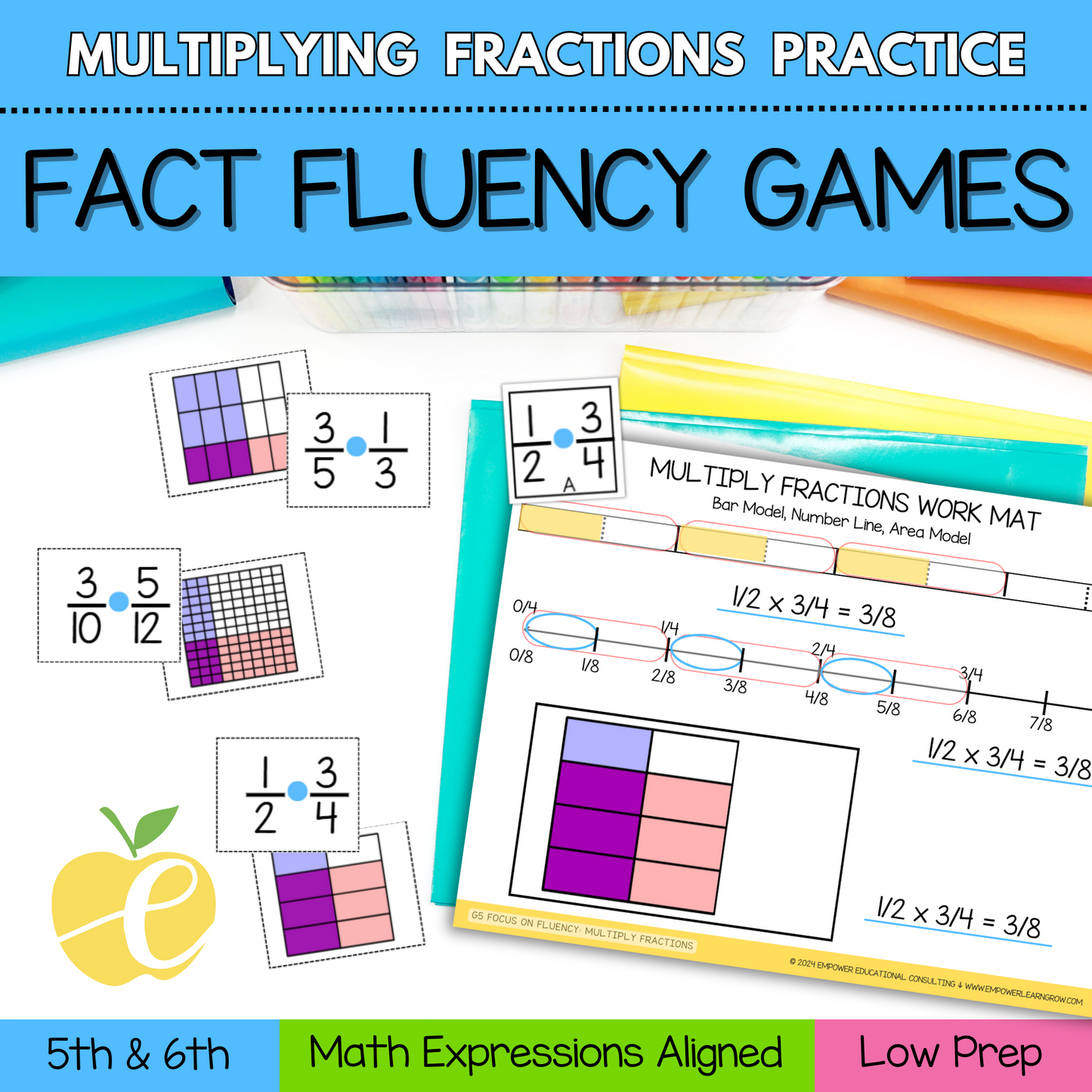 Multiplying Fractions Games for 5th and 6th Grade: Task Cards and Model Match