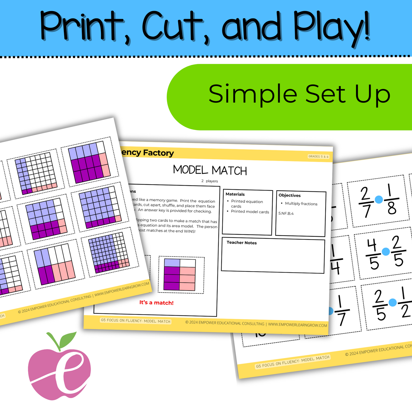 Multiplying Fractions Games for 5th and 6th Grade: Task Cards and Model Match