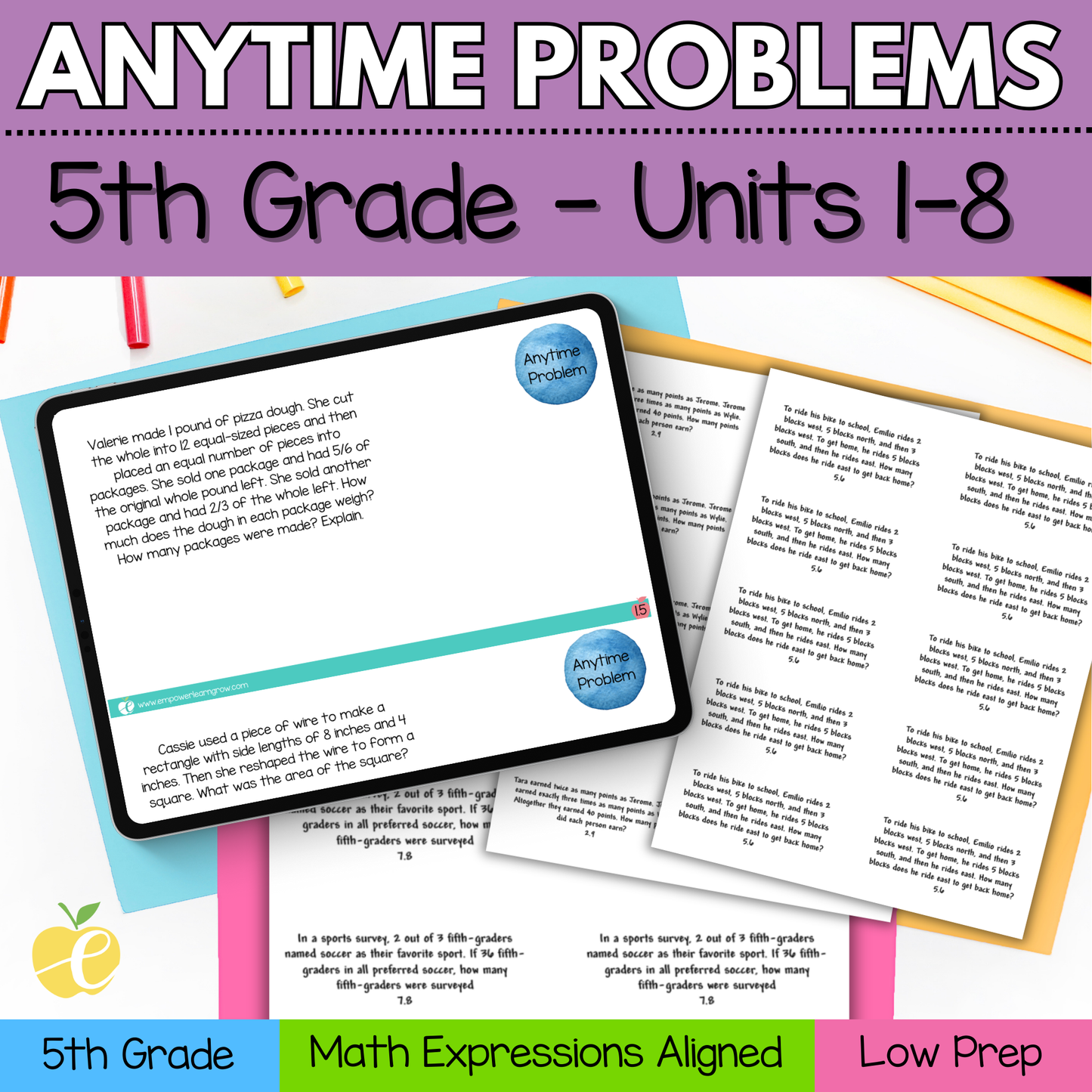 5th Grade Anytime Problems Pack (Units 1-8) | Math Expressions