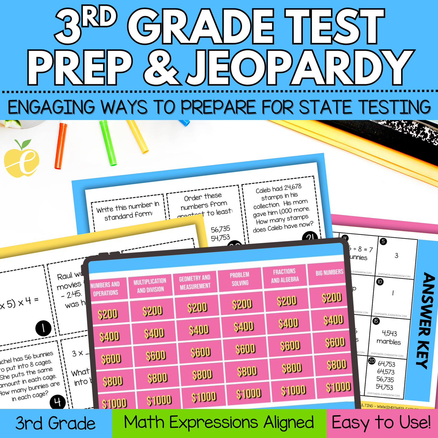 3rd Grade State Test Prep Math Bundle – Jeopardy Review Game & Task Cards