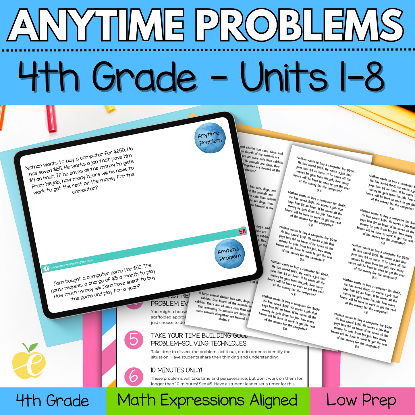 Math Expressions Anytime Problems 4th Grade Units 1-8 Slides & Math Notebook Labels