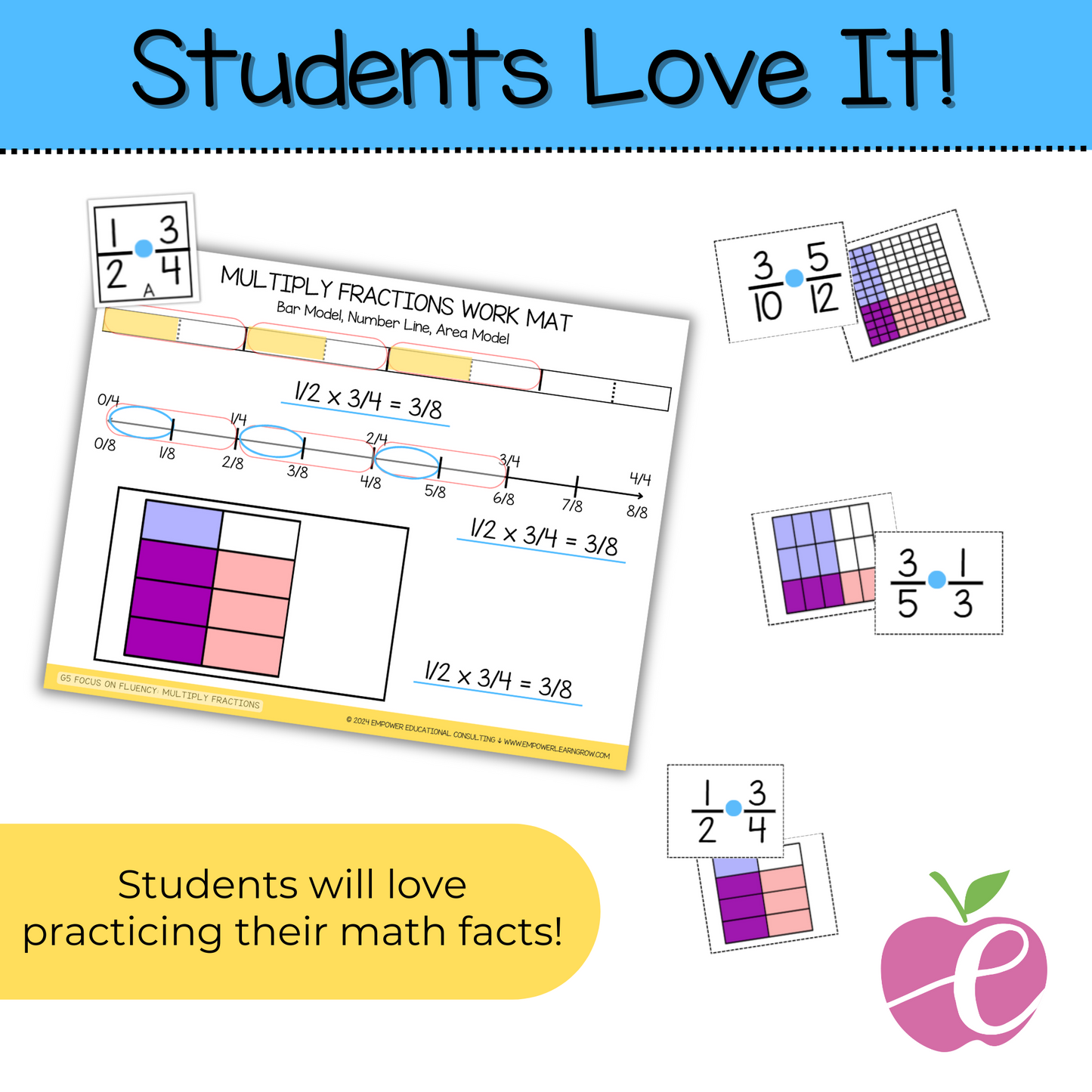 Multiplying Fractions Games for 5th and 6th Grade: Task Cards and Model Match