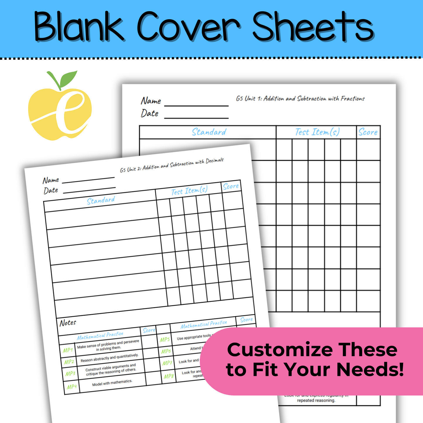 5th Grade Assessment Cover Forms for Math Expressions Units 1-3