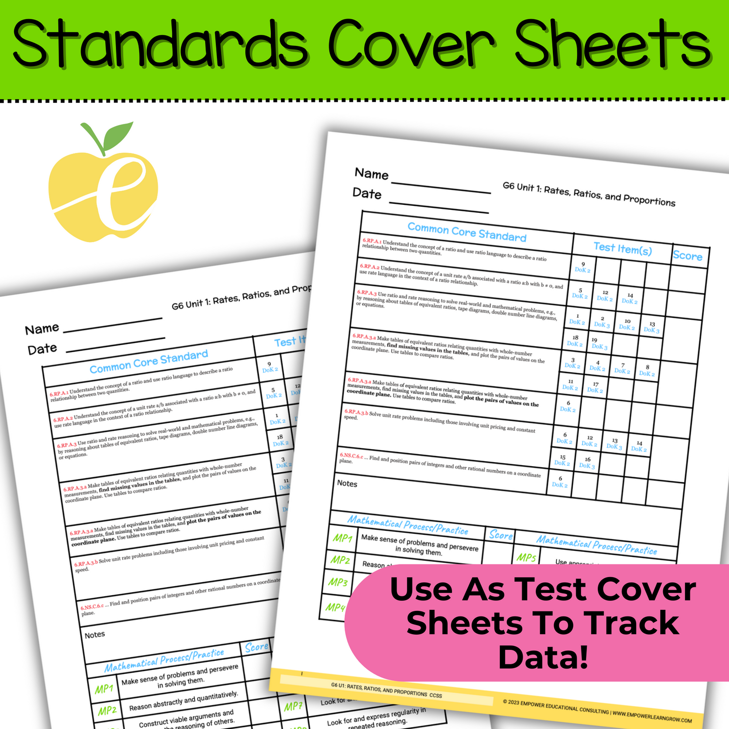6th Grade Assessment Cover Forms & Data Trackers for Math Expressions Units 1-9