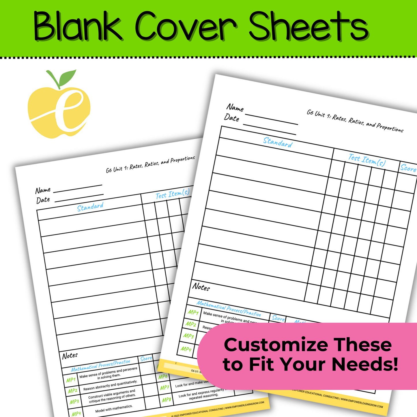 6th Grade Assessment Cover Forms & Data Trackers for Math Expressions Units 1-3