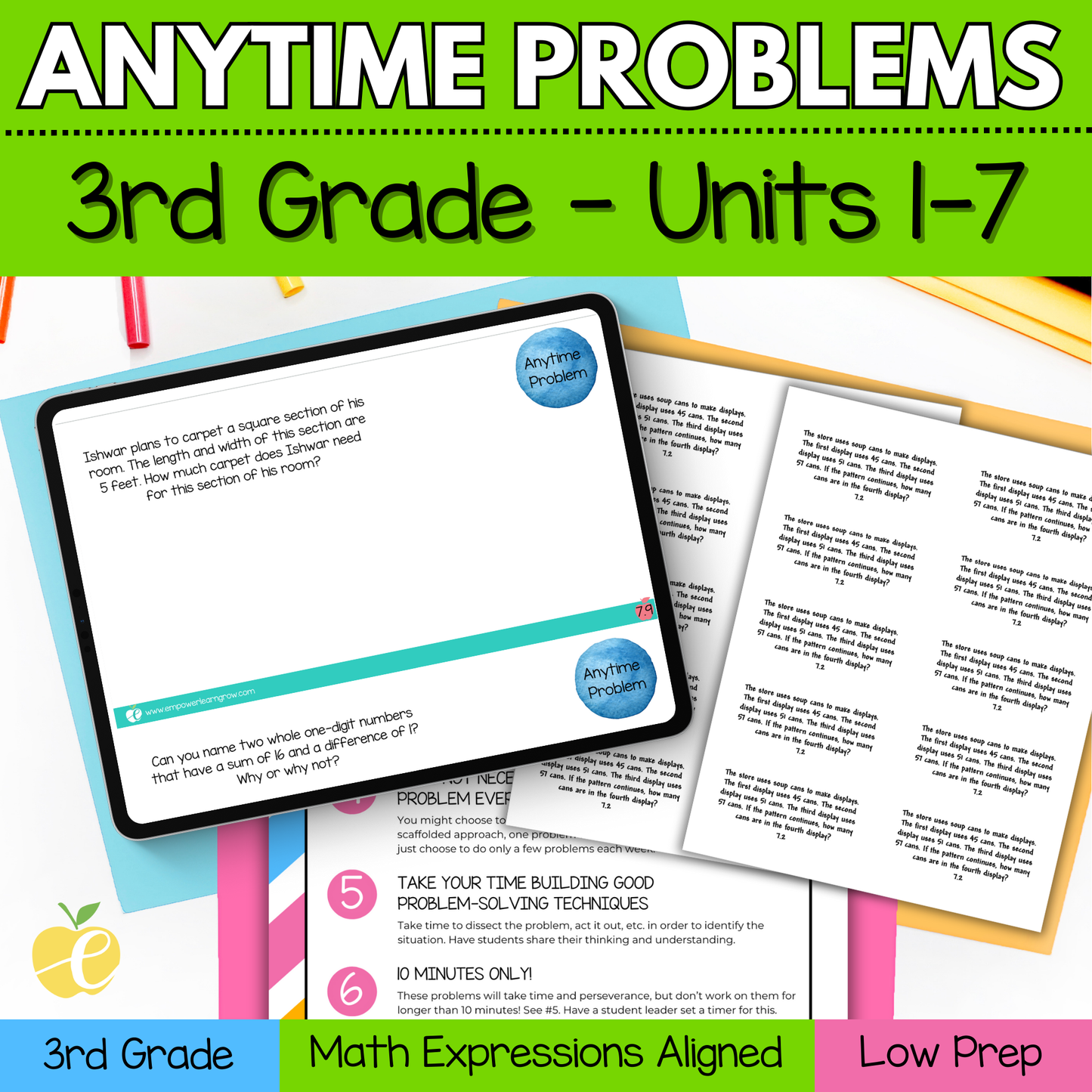 Math Expressions Anytime Problems 3rd Grade Units 1-7 Slides & Math Notebook Labels