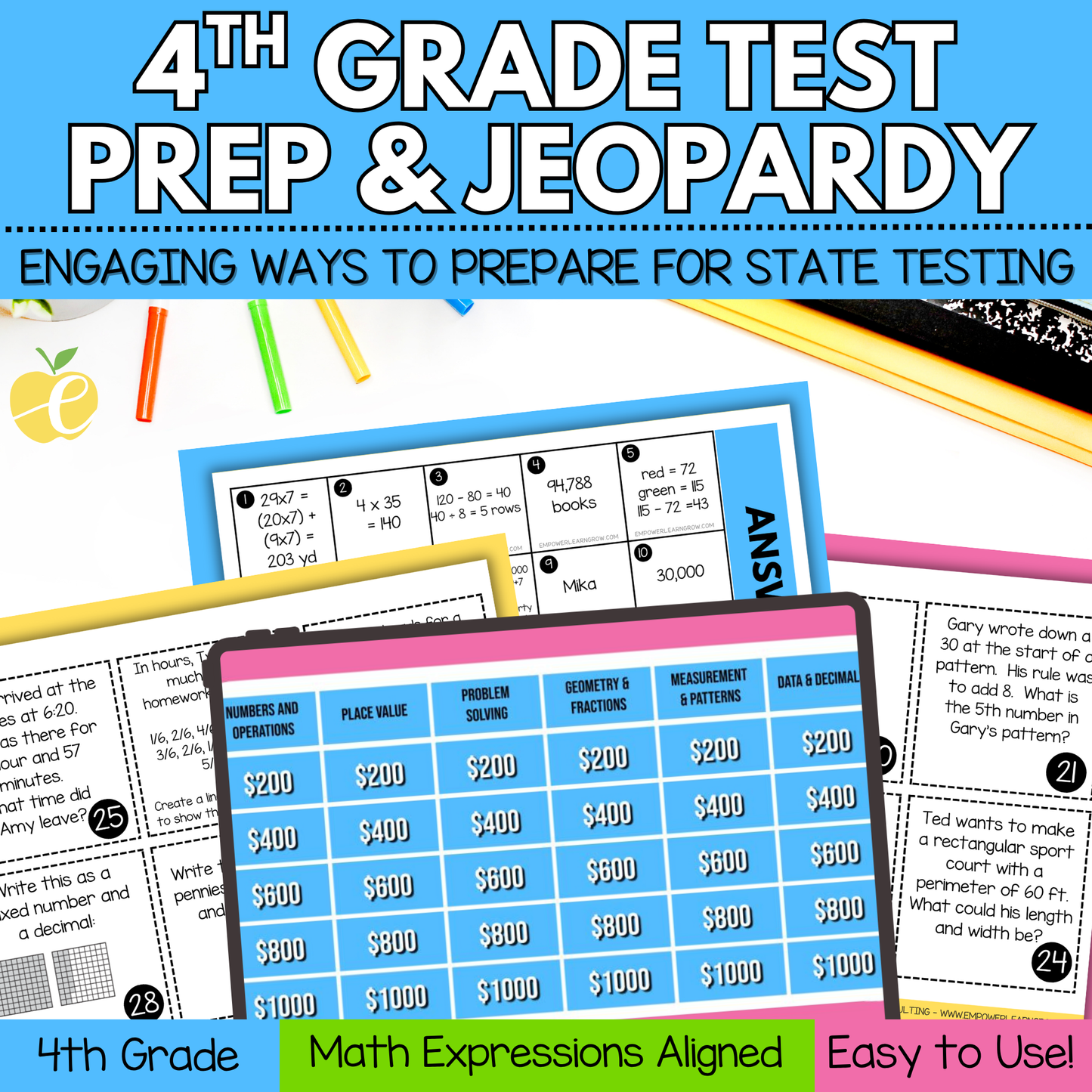 4th Grade State Test Prep Math Bundle – Jeopardy Review Game & Task Cards