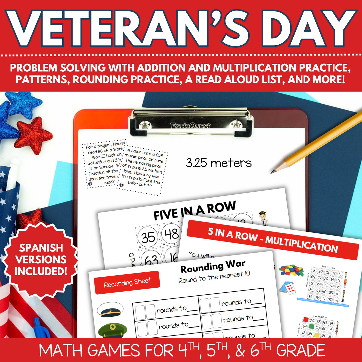 Veterans Day Math Games for 4th–6th Grade | Bilingual English & Spanish