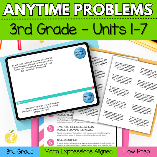Math Expressions Anytime Problems 3rd Grade Units 1-7 Slides & Math Notebook Labels