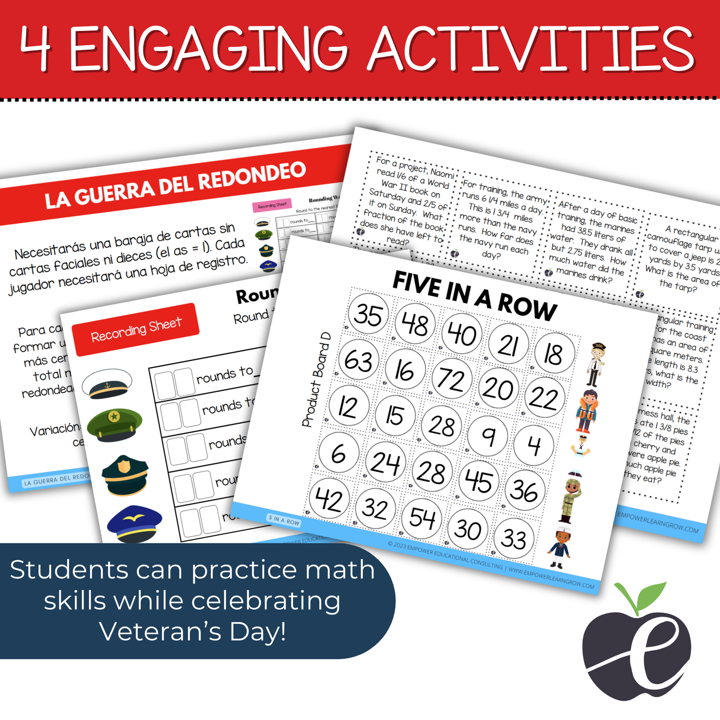 Veterans Day Math Games for 4th–6th Grade | Bilingual English & Spanish