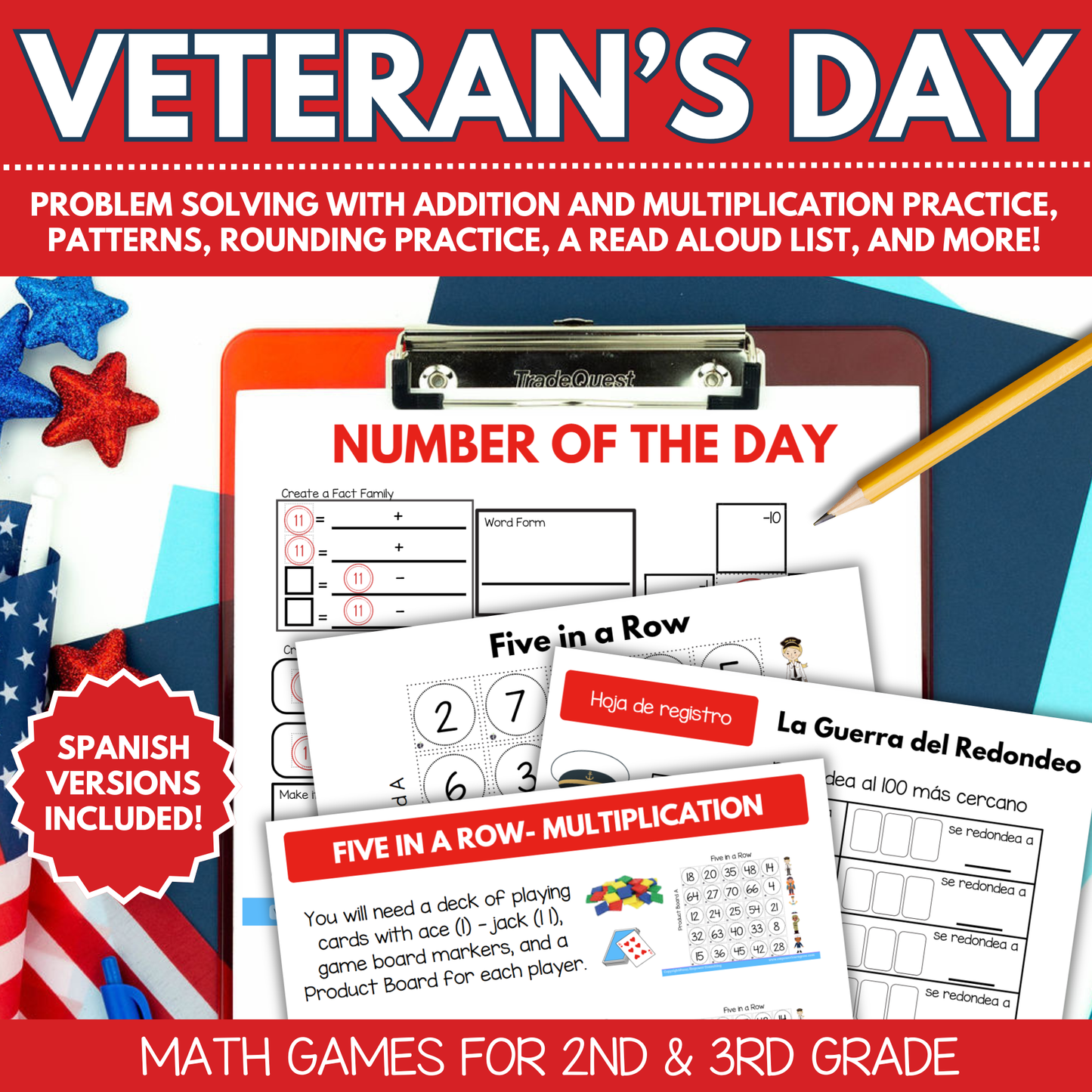 Veterans Day Math Games for 2nd-3rd Grade | Bilingual English & Spanish