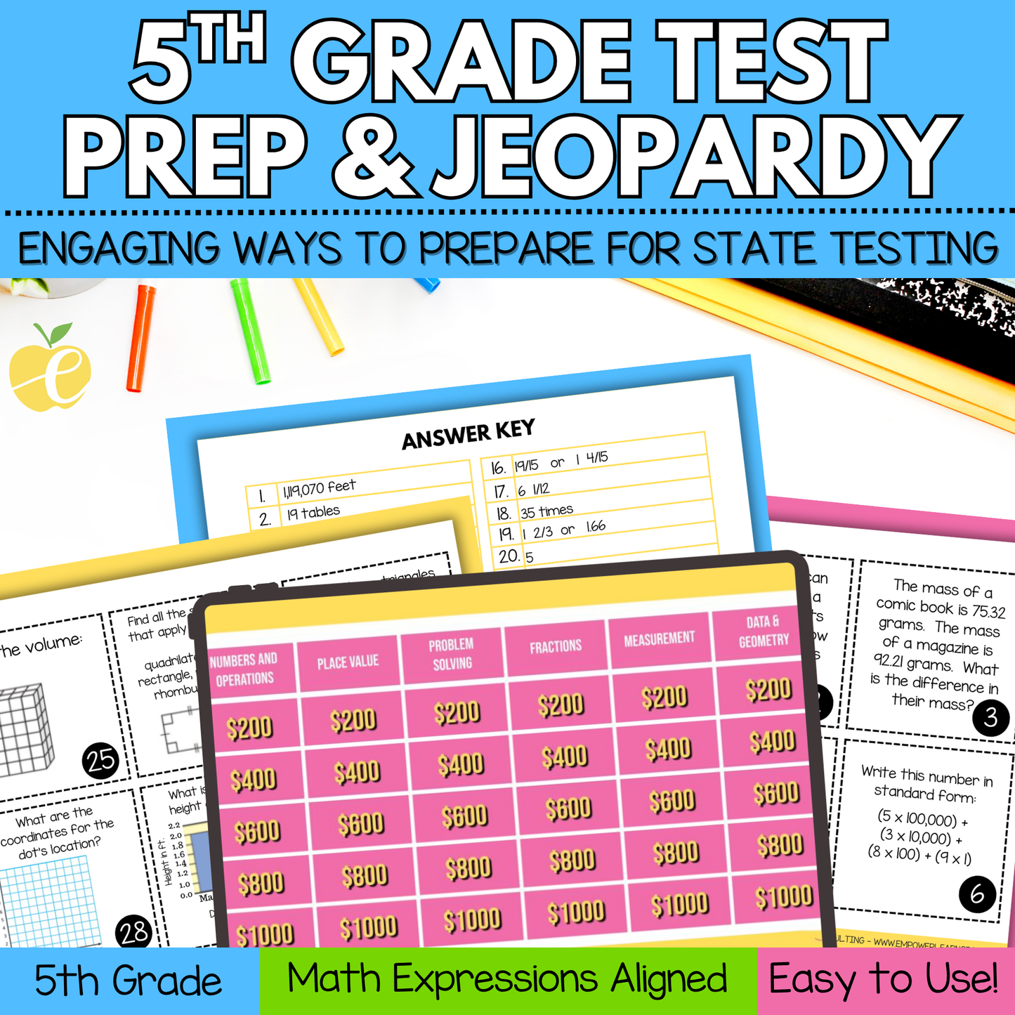 5th Grade State Test Prep Math Bundle – Jeopardy Review Game & Task Cards