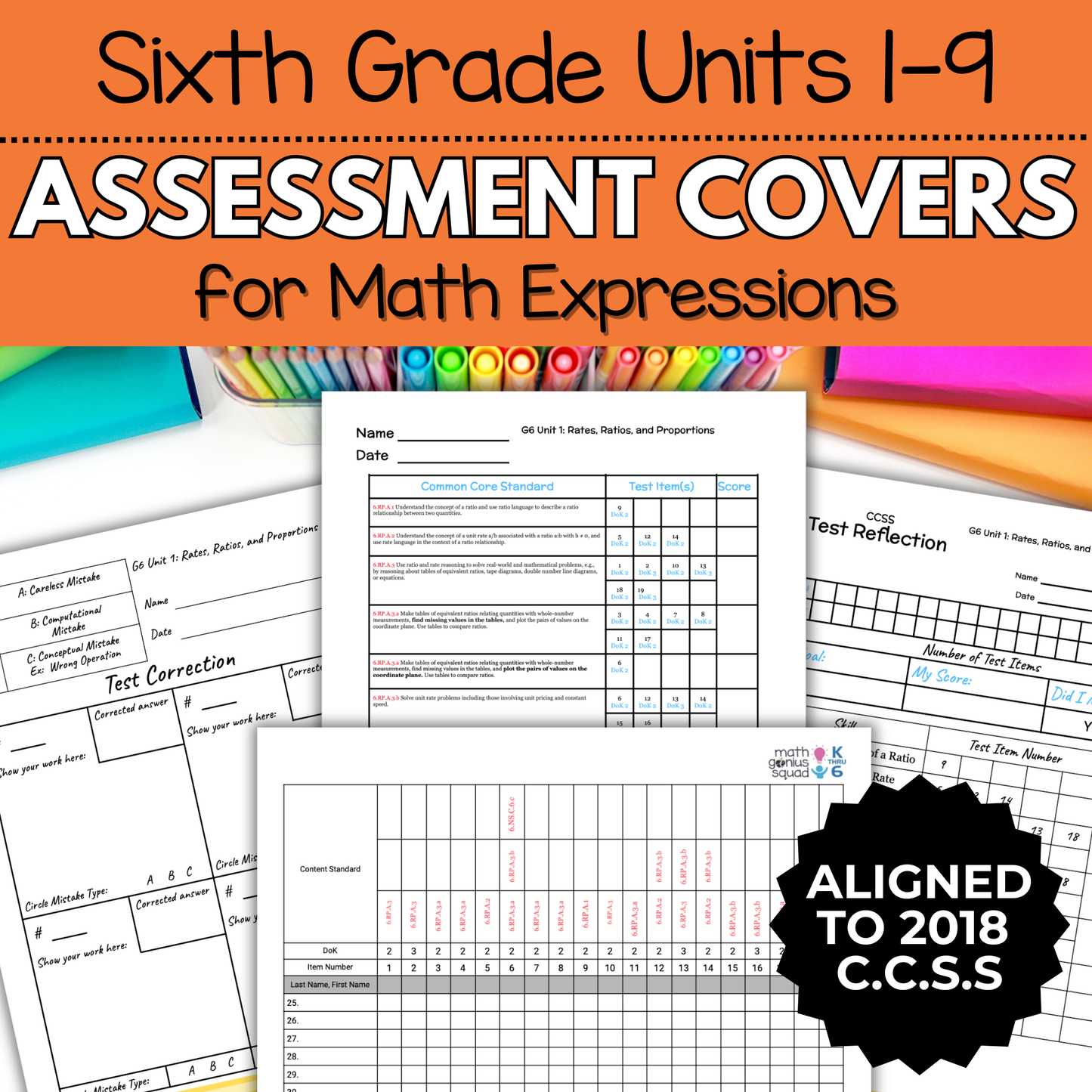 6th Grade Assessment Cover Forms & Data Trackers for Math Expressions Units 1-9